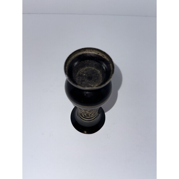 Vintage Black & Gold Etched Brass Bud Vase – 5.5” Floral Design India Style Boho - Picture 3 of 5